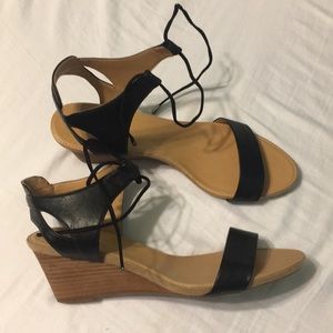 Lace tie wedge sandals.